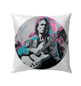 Luminous Rings pattern on outdoor pillow in garden setting.